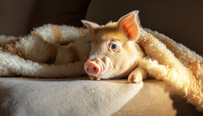 Concept of the National Pet Day. Cute little dwarf piglet lies on a cozy sofa covered with a fleecy blanket