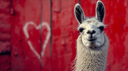Obraz premium Close Up of Llama Near Red Wall, Detailed and Striking Animal Portrait