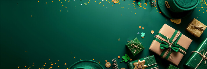 St. Patrick's Day concept, Photo taken from above, leprechaun hats with gifts, gift boxes and gold coins on green background with copy space. Banner with empty space for text.