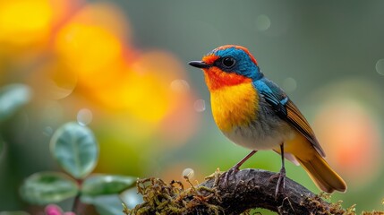 Colorful Bird Standing on Huge Root Tree in Montane Forest with Natural Bokeh Background AI Generated
