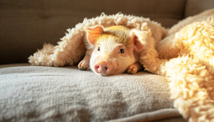 Concept of the National Pet Day. Cute little dwarf piglet lies on a cozy sofa covered with a fleecy blanket