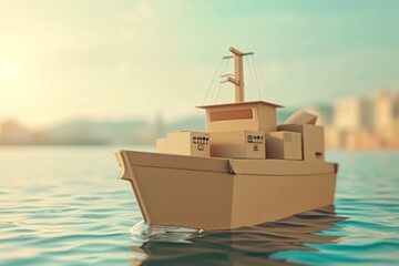carton box in the shape of ship floating by the sea ,at the seaport,delivery concept
