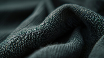 Close up black wavy satin fabric texture. Elegant and luxury clothing concept
