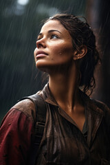 Photo of worker looking up in rainy weather