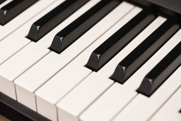 Classic Piano Keys, Traditional Black and White Keyboard Close up with selective focus