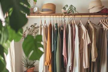 Well arranged closet showcases a range of neutral colored womens clothing, exuding simplicity, elegance. Neatly Organized Monochrome Toned Wardrobe. Organization of space at home