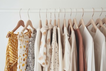 Well arranged closet showcases a range of neutral colored womens clothing, exuding simplicity, elegance. Neatly Organized Monochrome Toned Wardrobe. Organization of space at home