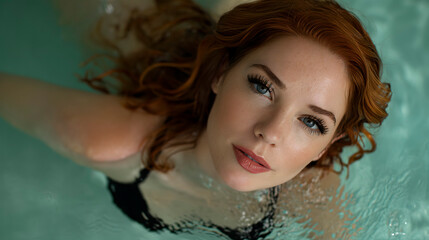 Mujer muy hermosa, pelirroja irlandesa usando bañándose en la piscina en vernao
