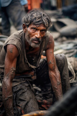 Fototapeta na wymiar Photograph of a dirty working worker sitting down