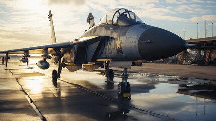 A fighter jet is parked on the ground, military fighter jet aircraft parked at air force airport - obrazy, fototapety, plakaty