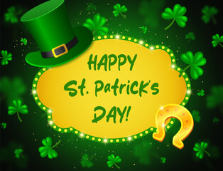 Vector illustration shining background with clovers, Leprechaun Top Hat, horseshoe and golden banner for St Patricks day design