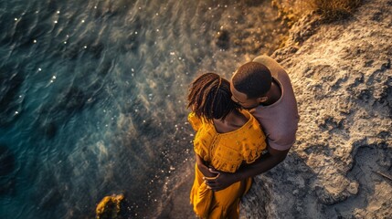 Lovely young african american  adult couple on the rocks in the sea near the beach with big cliffs.