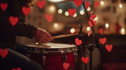 Naklejka premium Person Playing Drum With Hearts, Love-Filled Rhythms and Expressive Beats