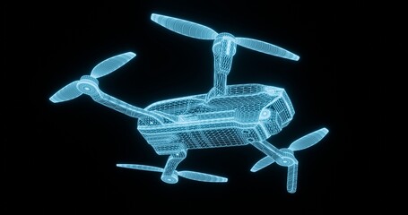 Drone in the form of a drawing from a wireframe, 3D rendering of the device.