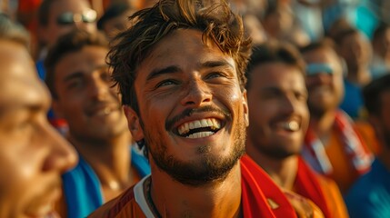 Joyful young man enjoying a vibrant sporting event. expressive fan cheering with crowd in background. excitement at an outdoor stadium. AI
