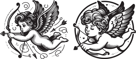 Cupids, baby angels with wings, vector graphics black and white collection set