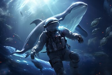 Fototapeta na wymiar Astronaut in deep sea with sea creatures, astronaut and whale in deep space, 3D render, exploration concept, astronaut with marine life.