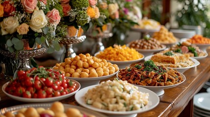 Fototapeta premium A wedding buffet with delicate dishes lined up on a table, generative ai