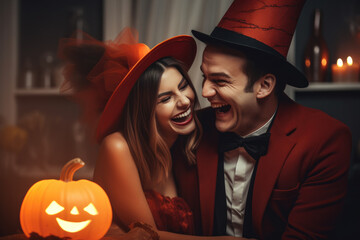 Portrait of happy couple dressed in halloween costumes with Jack o Lantern