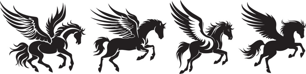 Pegasus, winged horse, black and white vector graphics - obrazy, fototapety, plakaty