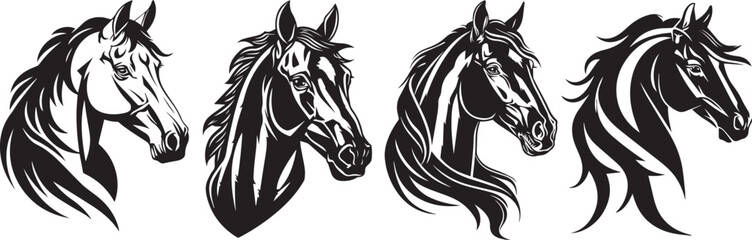 Fototapeta na wymiar Set of horse heads, black and white vector graphics