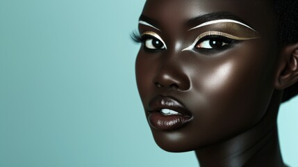 Exquisite African woman showcases stunning gold and white eye makeup, her flawless skin glowing against a teal background