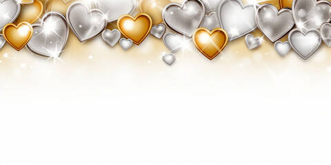creative white background with gold and silver hearts placed on top,place for text,design concept and advertising, for Valentine's Day