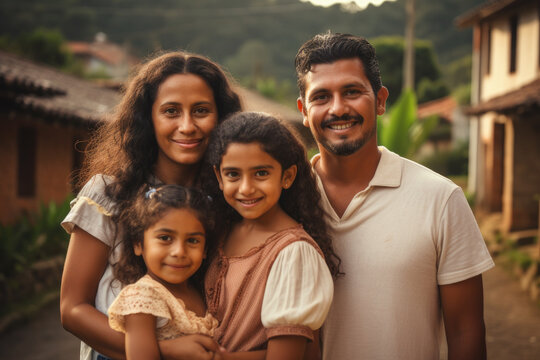 Portrait of happy latino family hugging on rural background