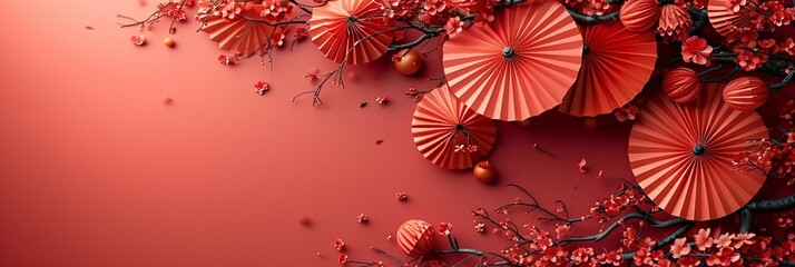 Chinese New Year celebration. Banner design with red paper fans decorations on red background..Chinese New Year celebration. generative ai