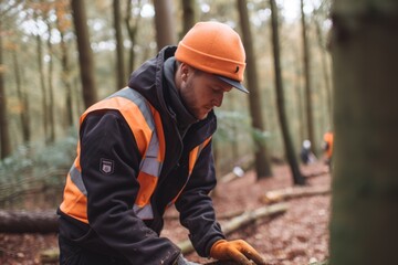 Portrait concentrated serious mature woodman forester Caucasian man male guy specialist worker fireman rescuer professional lumberjack protective workwear uniform chopping cutting wood outside forest - obrazy, fototapety, plakaty