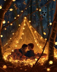 Couple in love sitting in a tent with garland at night. A heartwarming scene of a cozy blanket fort, tent, illuminated by fairy lights, where a couple shares a tender moment. 