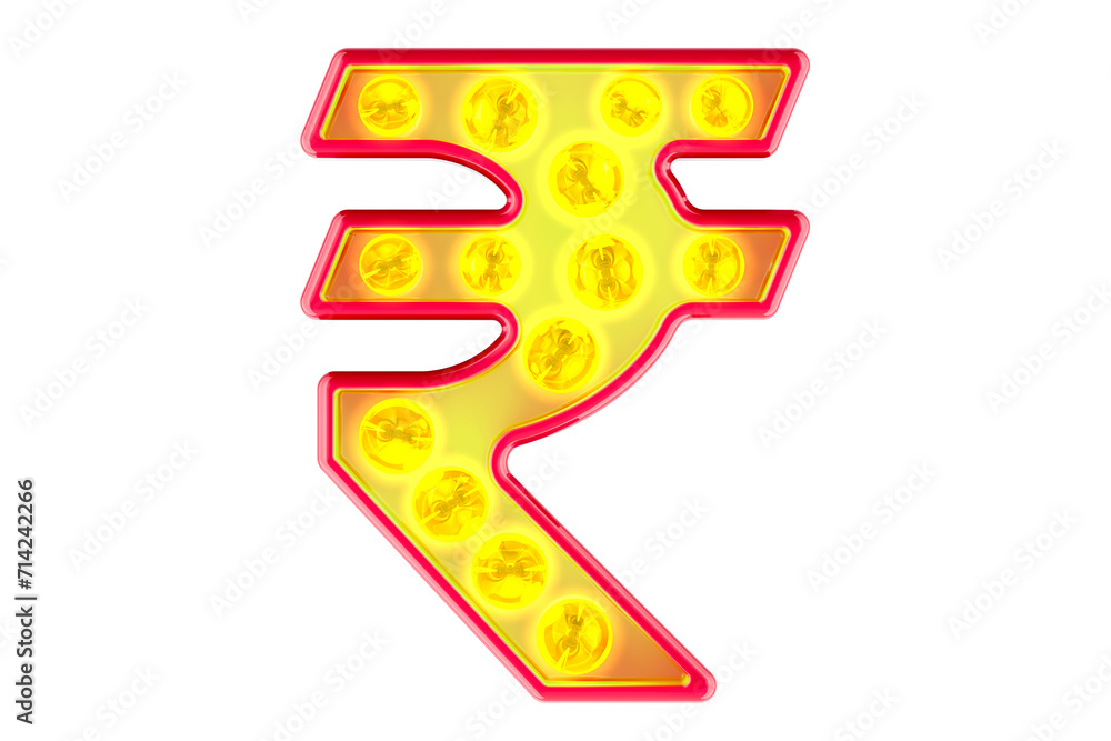 Aufkleber light bulb rupee sign, glowing retro font. 3d rendering isolated on transparent background