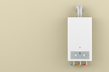 Home gas boiler, water heater on the wall. 3D rendering - obrazy, fototapety, plakaty