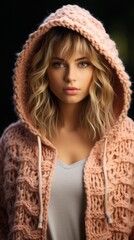Stylish portrait of a blonde young woman in a chunky knit peach hoodie