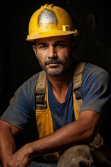 Portrait photo of worker man in workwear with safety helmet