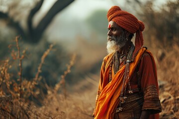 Portrait of Indian man in national clothes from history of India realistic detailed photography texture. Indian man. Horizontal format