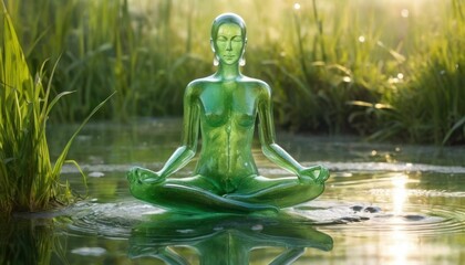 Meditating transparent glass figure glowing in a serene grassy field.
