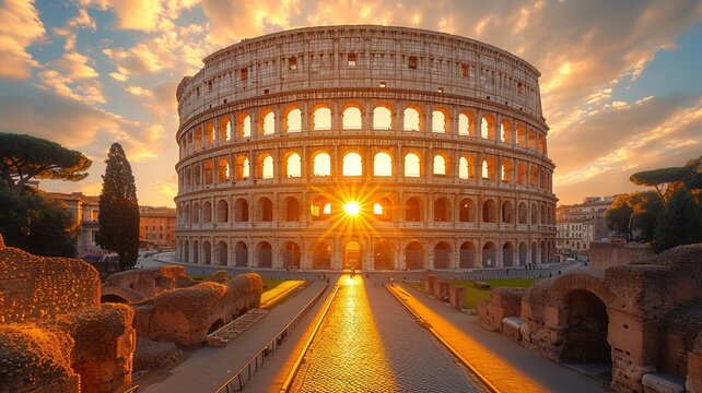 Landscape Scene of Colosseum at the sunset time, view from inside decorate home apartment, window and balcony view, holiday and tourist concept ,generative ai