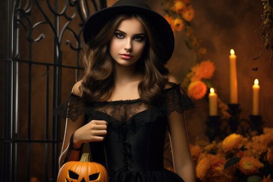 Pretty young girl in black dress and witch hat with halloween theme