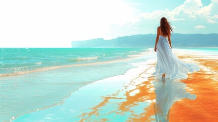 Fototapeta na wymiar Slender Woman with Long Hair in Beach Dress by the Sea AI Generated