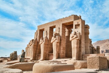 Luxor, Egypt - December 2023: The Ramesseum is the memorial temple or mortuary temple of Pharaoh Ramesses II. It is located in the Theban necropolis