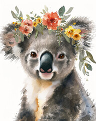 Fototapeta premium Watercolor illustration of a koala in a wreath of flowers