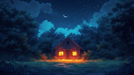 Abandoned Cabin in the Woods at Night AI Generated