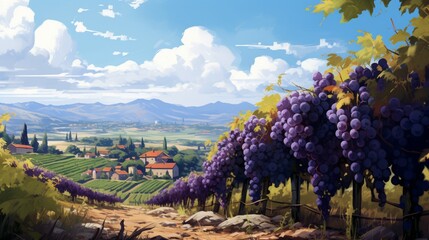 An ultra-detailed vineyard with rows of grapevines heavy with plump, purple grapes, exuding the essence of harvest season - Generative AI - obrazy, fototapety, plakaty