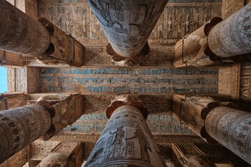Qena, Egypt - December 27 2023: Columns of the Hypostyle Hall in Temple of Hathor in Dendera Temple...