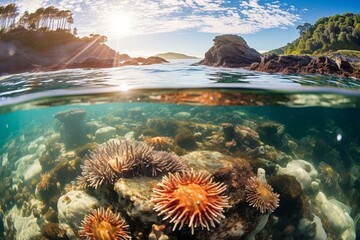 A stunning view of the coast featuring a tide pool teeming with vivid, brilliant sea creatures like anemones and starfish. Generative AI - obrazy, fototapety, plakaty