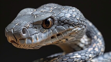 Fototapeta premium Close-up of a snake poses in studio against a clean dark background. AI generated image