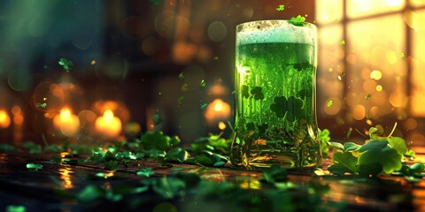 St. Patrick's Day. Glass of green beer on a wooden table. 