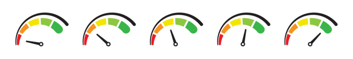 Speedometer meter with arrow with red, orange, yellow, green indicators. Low, medium, high and risk levels. Good, bad, fear and greed index for cryptocurrency and stock market.