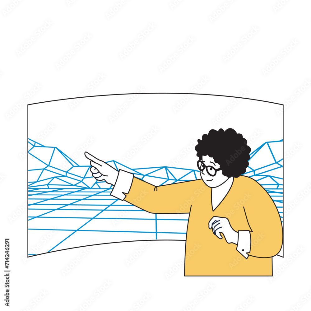 Aufkleber virtual reality concept with cartoon people in flat design for web. woman working with line surface 